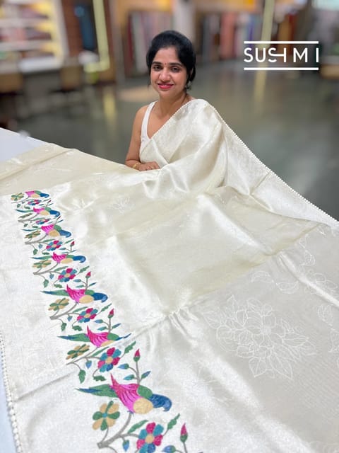 Ivory Banarasi Tissue Tonchoi Saree with Paithani Inspired Embroidery