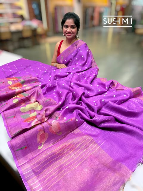 Magenta Purple Handloom Munga Tussar Saree with Embroidery