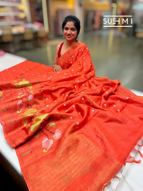 Orange Handloom Munga Tussar Saree with Embroidery