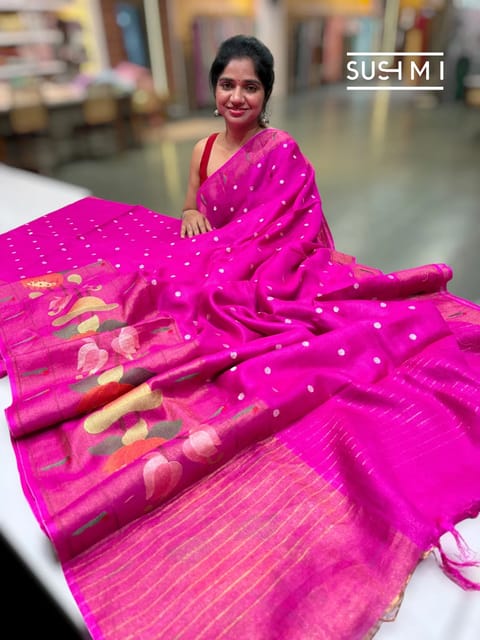 Fuchsia Pink Handloom Munga Tussar Saree with Embroidery