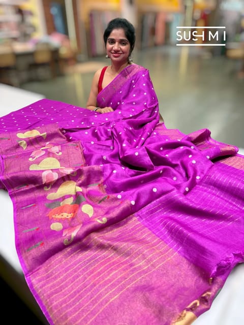 Dark Magenta Handloom Munga Tussar Saree with Embroidery
