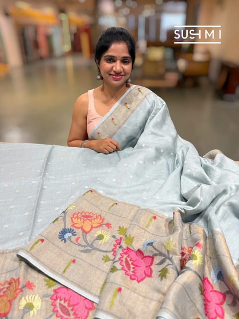 Light Powder Bluish Grey Handloom Munga Tussar Saree with Embroidery