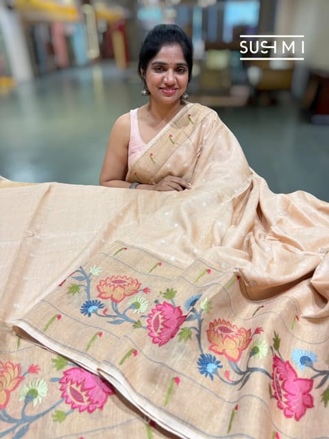 Beige Handloom Munga Tussar Saree with Embroidery