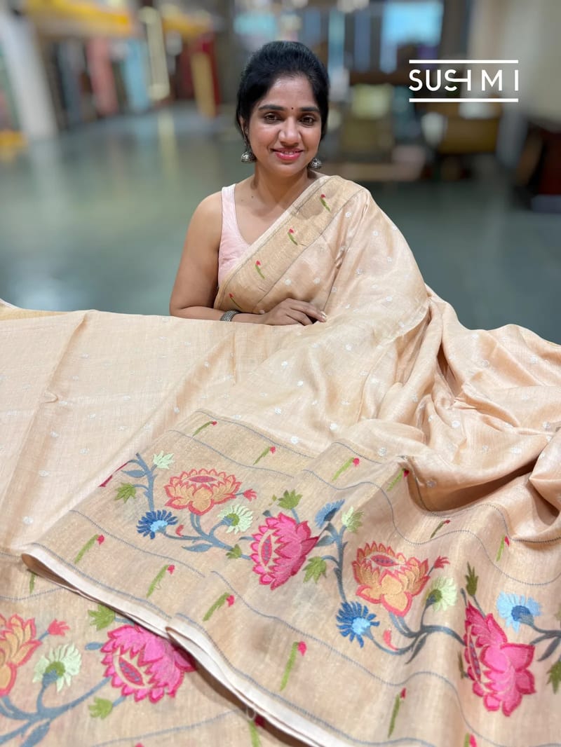 Beige handloom munga tussar saree with embroidery