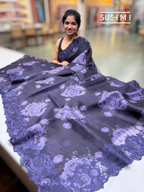 Darkest Violet Floral Printed Pure Organza Saree with Chantilly Lace Embroidery
