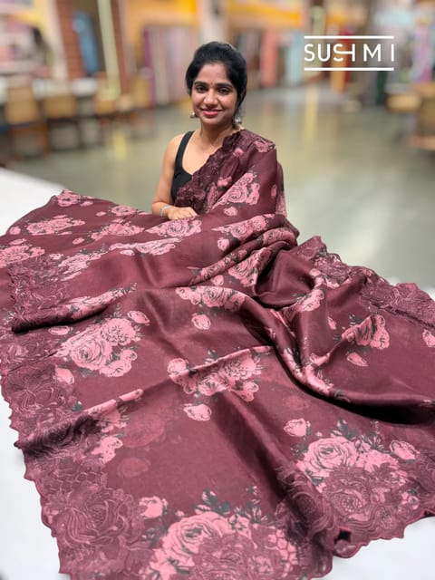 Maroonish Brown Floral Printed Pure Organza Saree with Chantilly Lace Embroidery