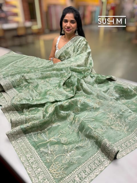 Sage Green Handloom Tissue Saree with All-Over Embroidery and Blouse