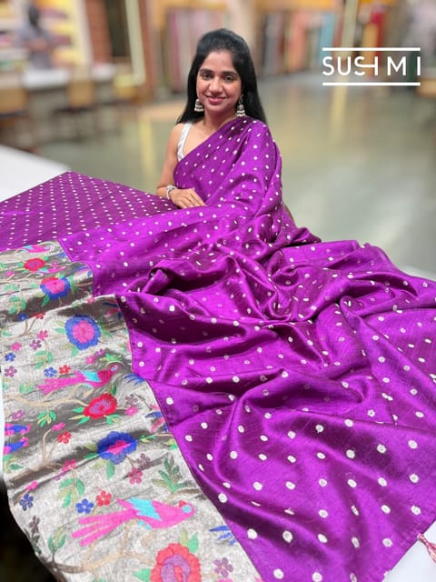 Purple Banarasi Dhupion Raw Silk Saree with Paithani Inspired Embroidered Tissue Border