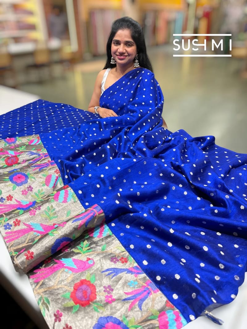 Royal Blue Banarasi Dhupion Raw Silk Saree with pythani inspired embroidered Tissue Border 