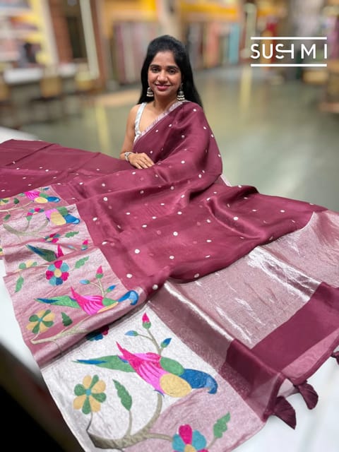 Wine Pure Organza Saree with Paithani Inspired Parrot Embroidery