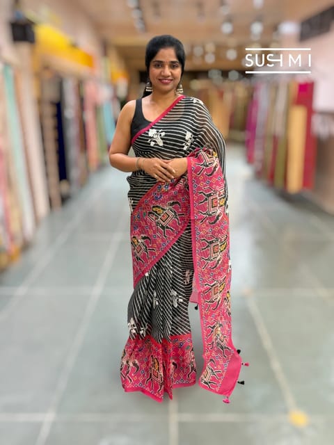 Black and Pink Pure Organza Saree with Patola Print and Embroidery
