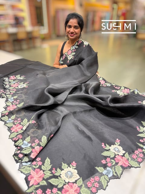 Black Pure Organza with Cutwork Floral Embroidery