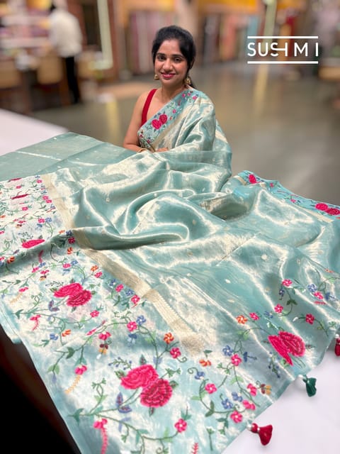 Mint Handloom Banarasi Tissue Saree with Petite Point Embroidery