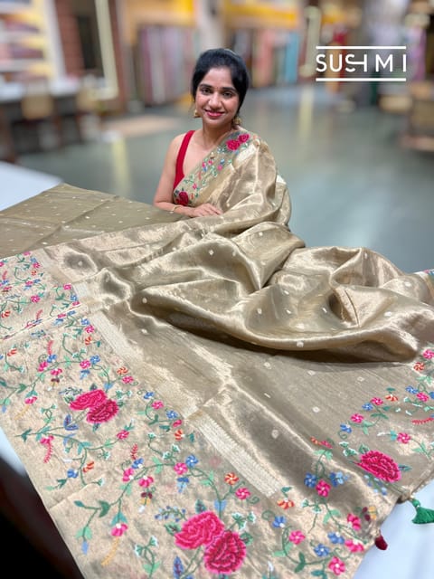 Antique Green Handloom Banarasi Tissue with Petite Point Embroidery
