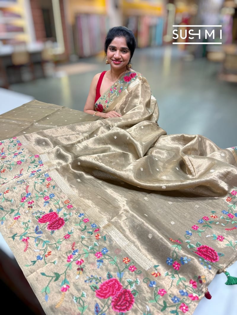 Antique Green Handloom Banarasi Tissue with petite point embroidery 
