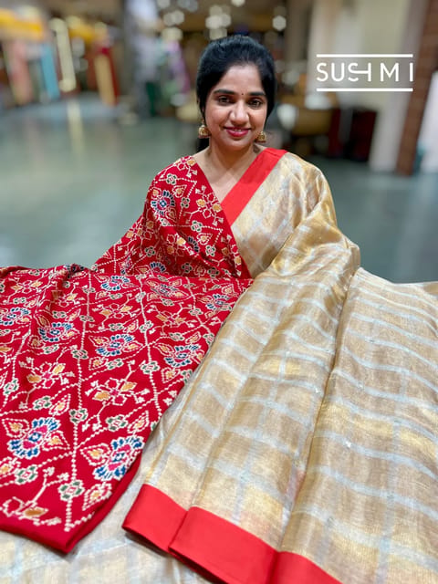 Gold Banarasi Tissue Checks Saree with Embroidered Blouse