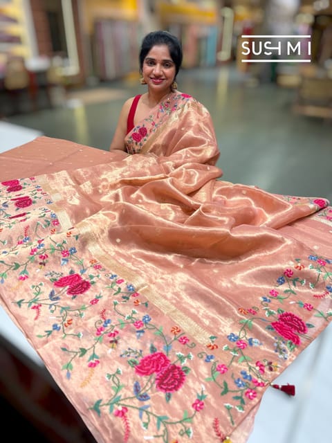 Peach Handloom Banarasi Tissue with Petite Point Embroidery