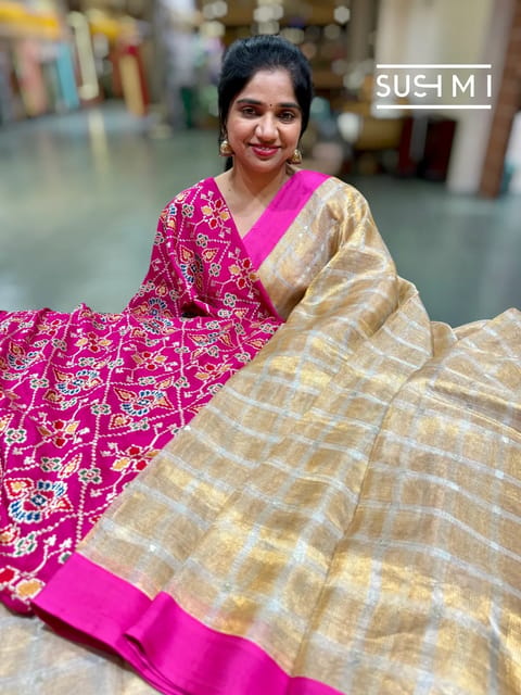 Gold Banarasi Tissue Checks Saree with Pink Embroidered Blouse