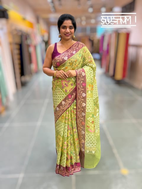 Pista Banarasi Kora Jamdani Saree