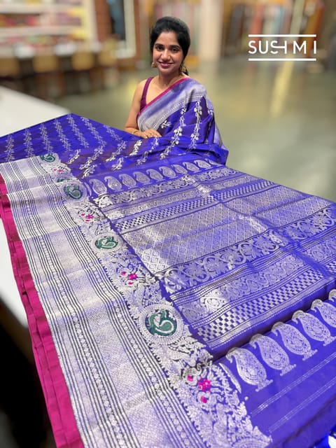 Bluish Purple Designer Gadwal Saree with Turning Borders