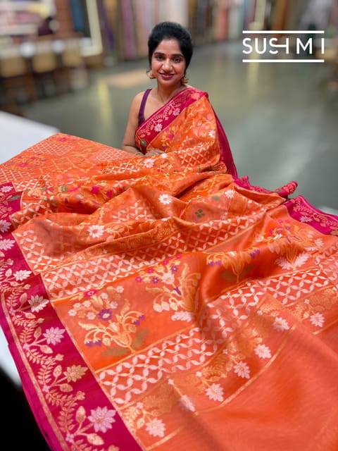 Orange Banarasi Kora Jamdani Saree
