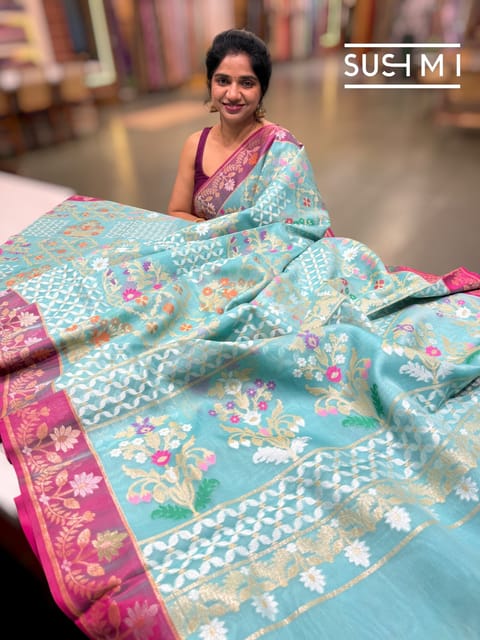Pastel Blue Banarasi Kora Jamdani Saree