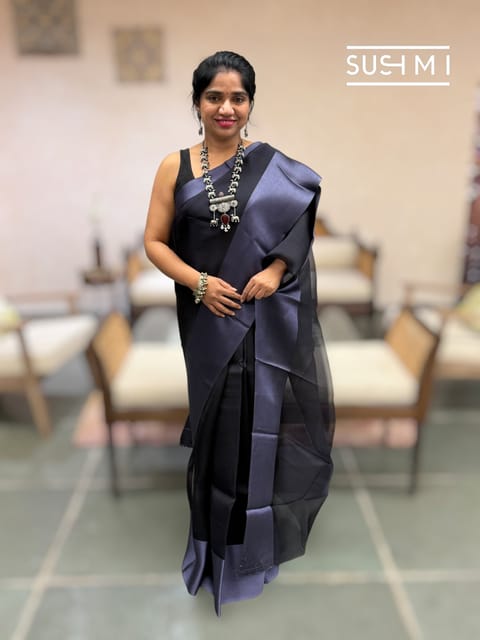 Black Handloom Kora Saree with Mashru Borders