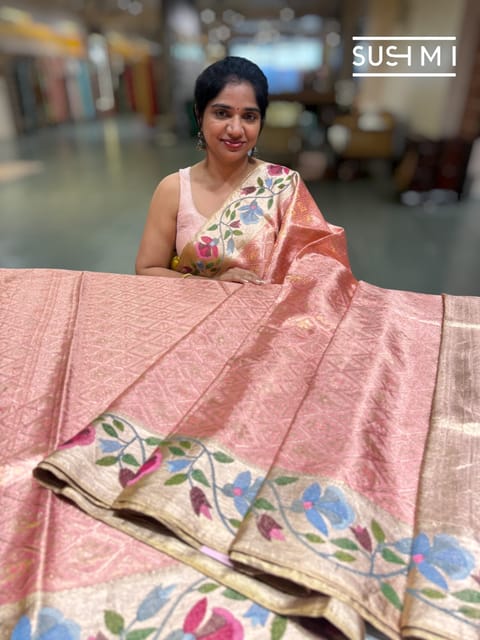 Coral Peach Designer Kanjeevaram Tissue Saree with Embroidery
