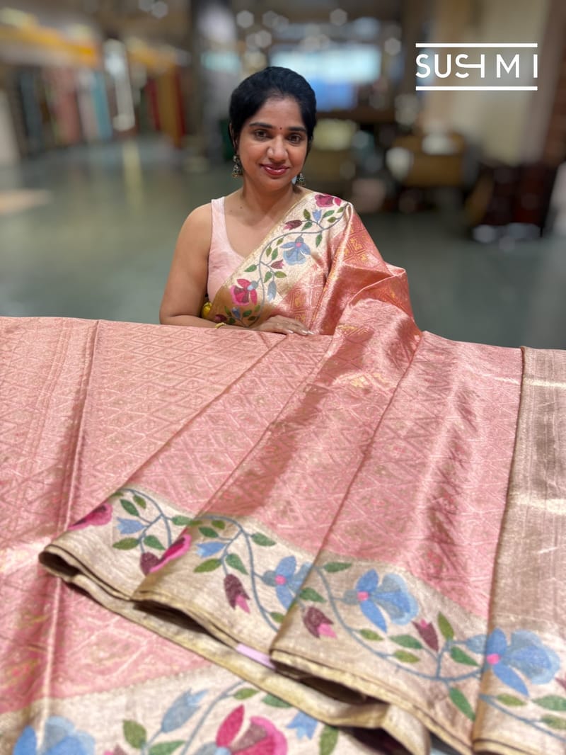 Coral Peach Designer Kanjeevaram Tissue saree with embroidery 