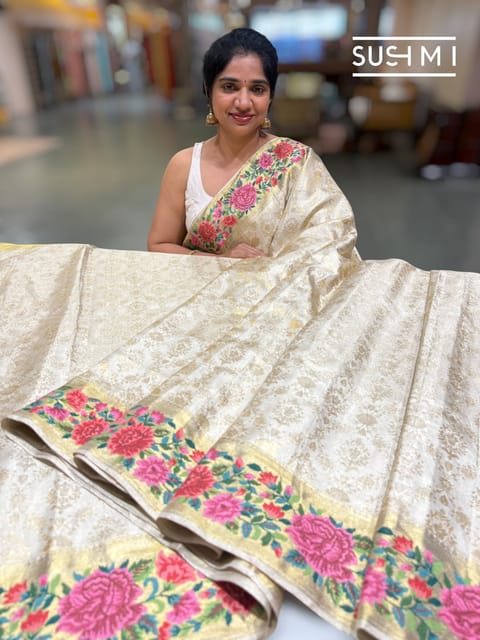 Ivory Kanjeevaram Tissue Saree with Embroidery