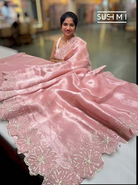 Pastel Pink Handloom Banarasi Tissue with Applique Floral Border