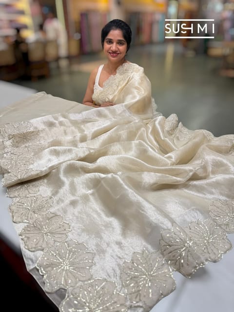 Ivory Tissue Saree with Floral Cutwork Border
