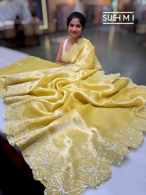 Lemon Yellow Handloom Banarasi Tissue Saree with Applique Floral Border