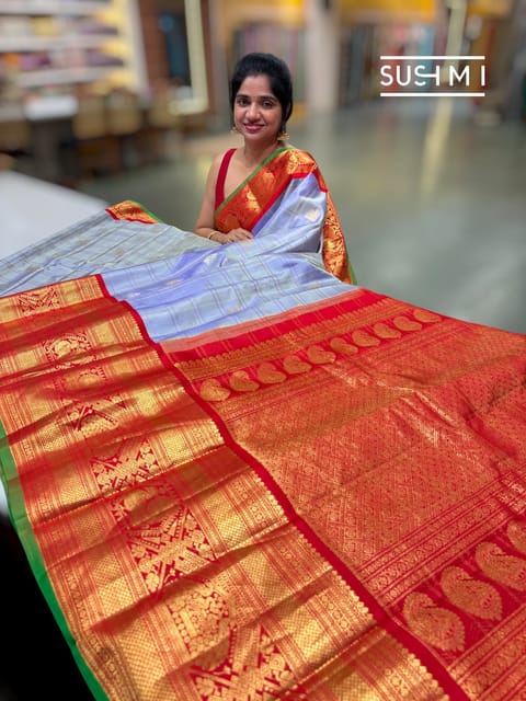 Lilac Premium Gadwal Handloom Vintage Checks Saree with Kanchi Kuttu Borders