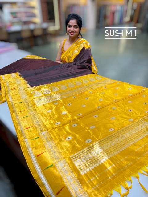 Brown Pure Handloom Gadwal Silk Saree with Paithani Tissue Single Muniya Border