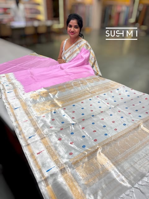 Candy Pink Pure Handloom Gadwal Silk Saree with Paithani Tissue Single Muniya Border