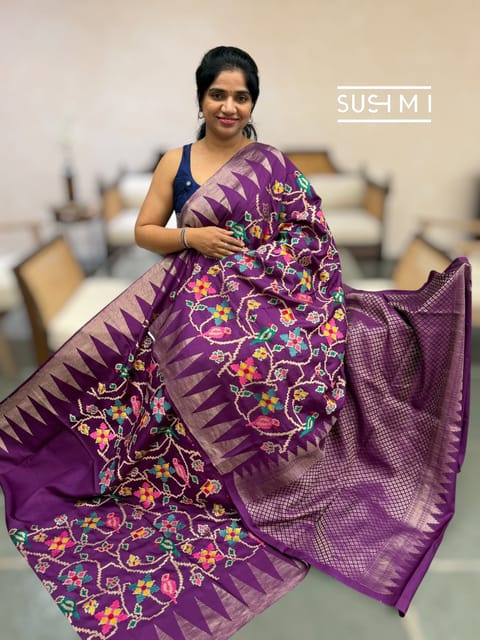 Brinjal Kanjeevaram Soft Silk Saree with Patola Inspired Embroidery