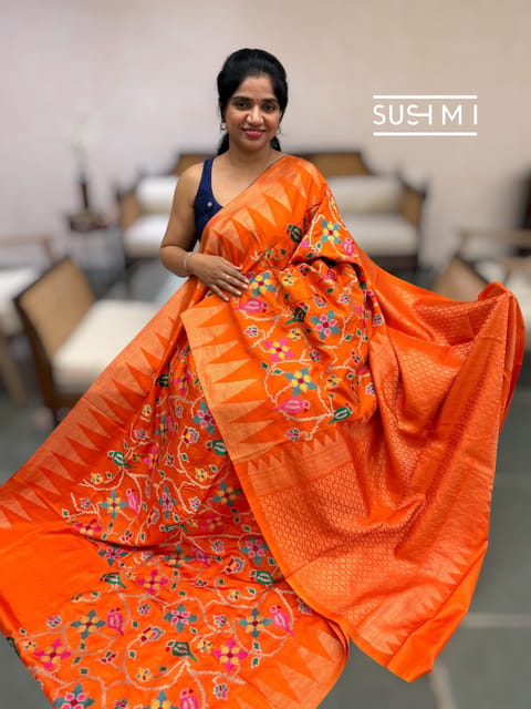 Orange Kanjeevaram Soft Silk Saree with Patola Inspired Embroidery
