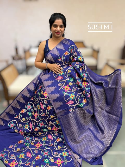 Purplish Blue Kanjeevaram Soft Silk Saree with Patola Inspired Embroidery