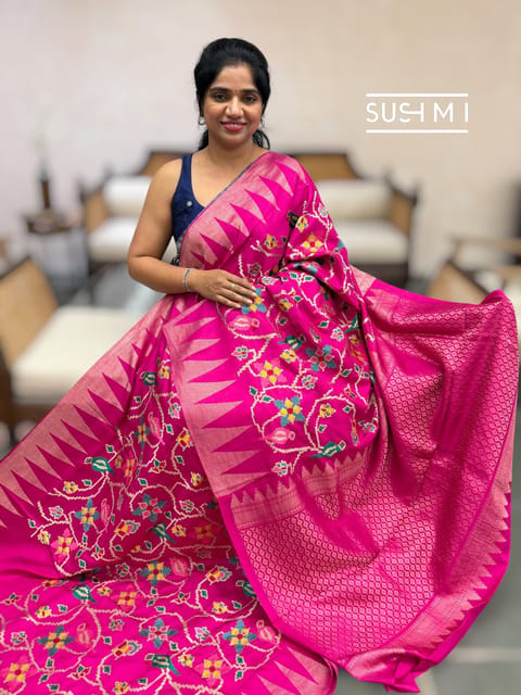 Rani Kanjeevaram Soft Silk Saree with Patola Inspired Embroidery