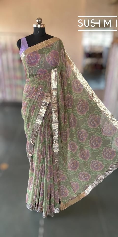 Sage Green Floral Printed Pure Georgette Saree with Gotapatti Border
