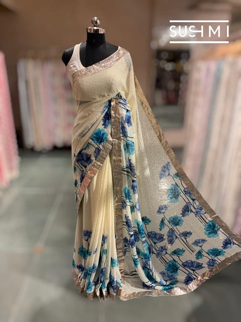 Ivory Floral Printed Georgette Saree