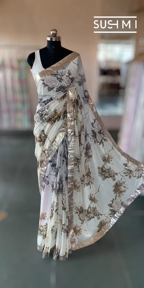 Ombre Dyed Floral Printed Georgette Saree