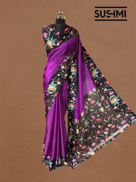 Purple Kanchi Soft Silk Saree with Floral Printed Border and Pallu