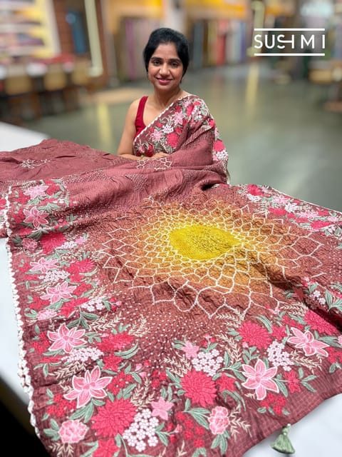 Light Brown Silk Kota Rai Bandhej Saree with Heavy Embroidery
