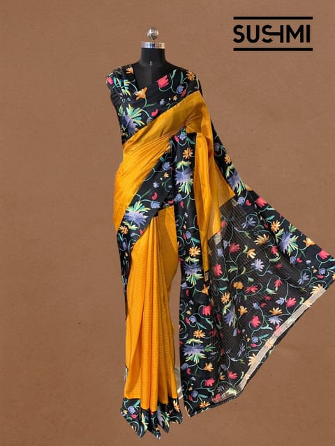 Mustard Kanchi Soft Silk Saree with Floral Printed Border and Pallu