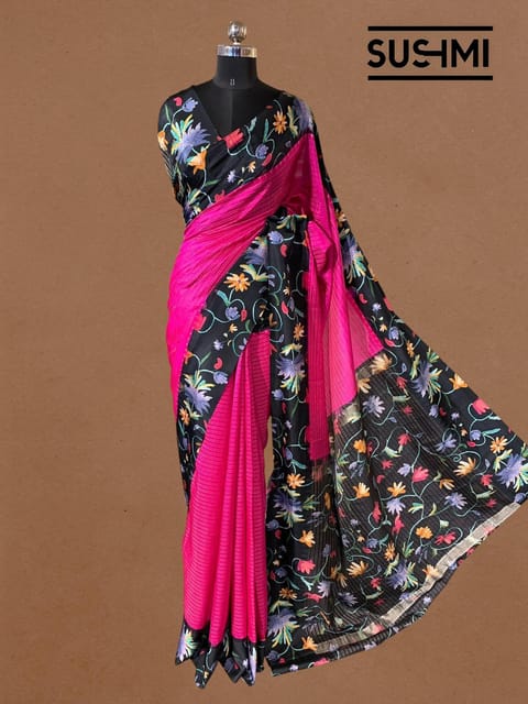 Rani Pink Kanchi Soft Silk Saree with Floral Printed Border and Pallu