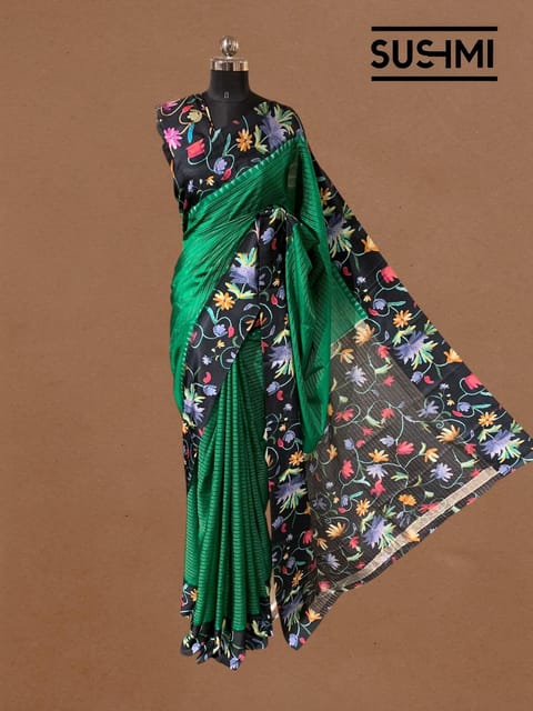 Emerald Green Kanchi Soft Silk Saree with Floral Printed Border and Pallu