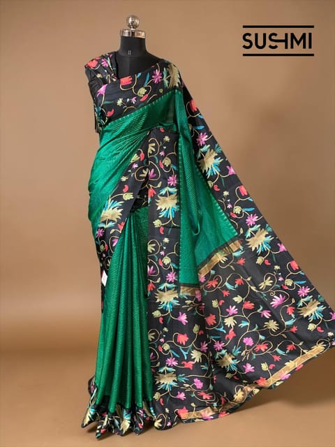 Emerald Green Checks Kanchi Soft Silk Saree with Floral Printed Border and Pallu