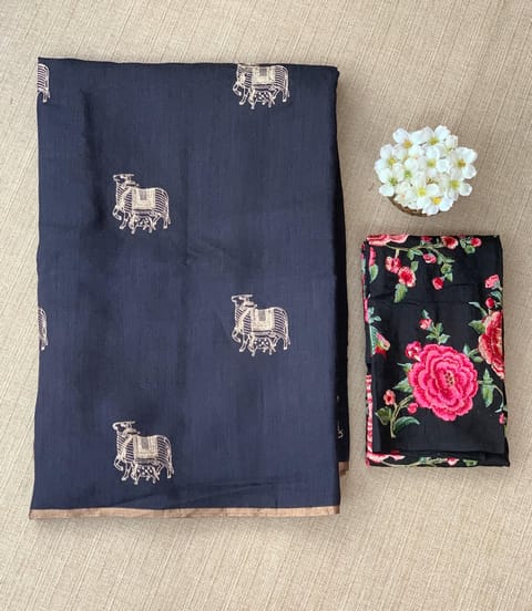 Black Handloom Munga Tussar Saree with Embroidery and Heavy Blouse